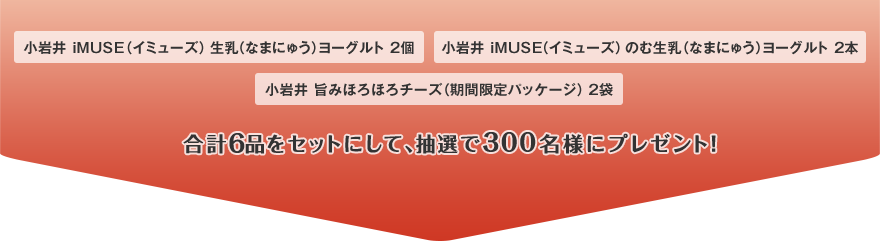 小岩井 iMUSE(イミューズ) 生乳(なまにゅう)ヨーグルト 2個 小岩井 iMUSE(イミューズ) のむ生乳(なまにゅう)ヨーグルト 2本 小岩井 旨みほろほろチーズ(期間限定パッケージ)2袋 合計6品をセットにして、抽選で300名様にプレゼント!