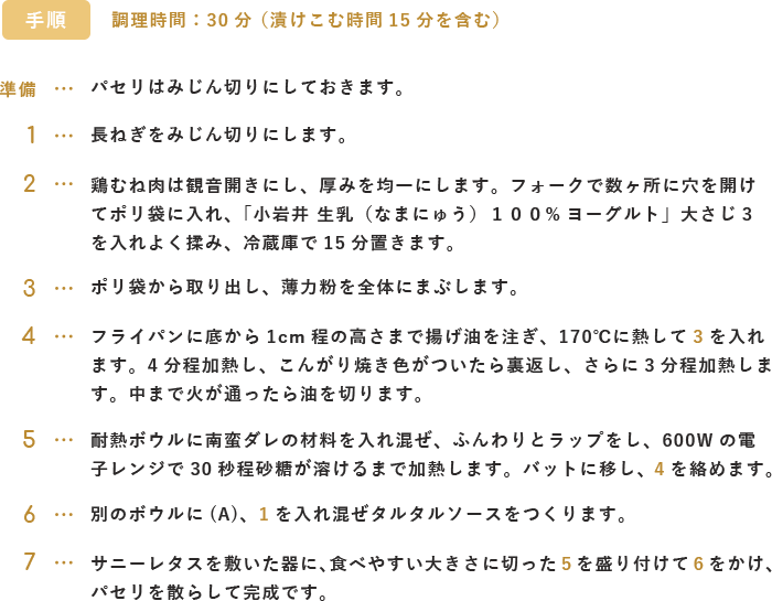 手順 調理時間:30分（漬けこむ時間15分を含む）